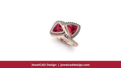 Rose gold ring with two red rubies and diamond halo setting - JewelCAD Design Bangkok