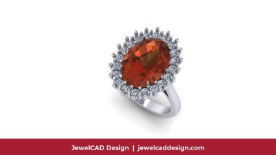 Platinum garnet halo ring with diamond accents in prong setting - JewelCAD Design Bangkok