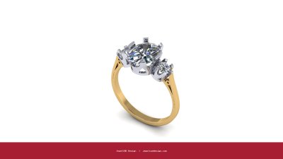 Yellow gold three stone ring with pear and round brilliant cut diamonds - JewelCAD Design Bangkok