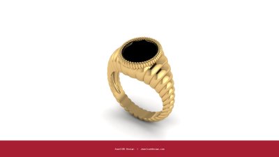 Gold signet ring with black onyx stone, rope-textured band - JewelCAD Design Bangkok