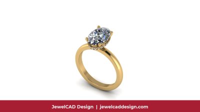 Yellow gold oval diamond solitaire engagement ring with hidden halo setting on white background - JewelCAD Design Bangkok