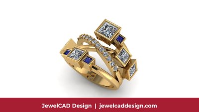 Yellow gold ring with square cut blue and clear gemstones in a prong setting - JewelCAD Design Bangkok